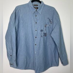 Vintage Musical Embroidery Bugatchi Buttons Shirt - Chambray Denim Cotton